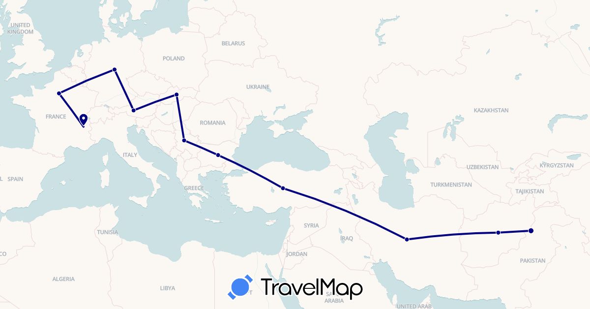 TravelMap itinerary: driving in Afghanistan, Austria, Bulgaria, Germany, France, Iran, Pakistan, Serbia, Slovakia, Turkey (Asia, Europe)